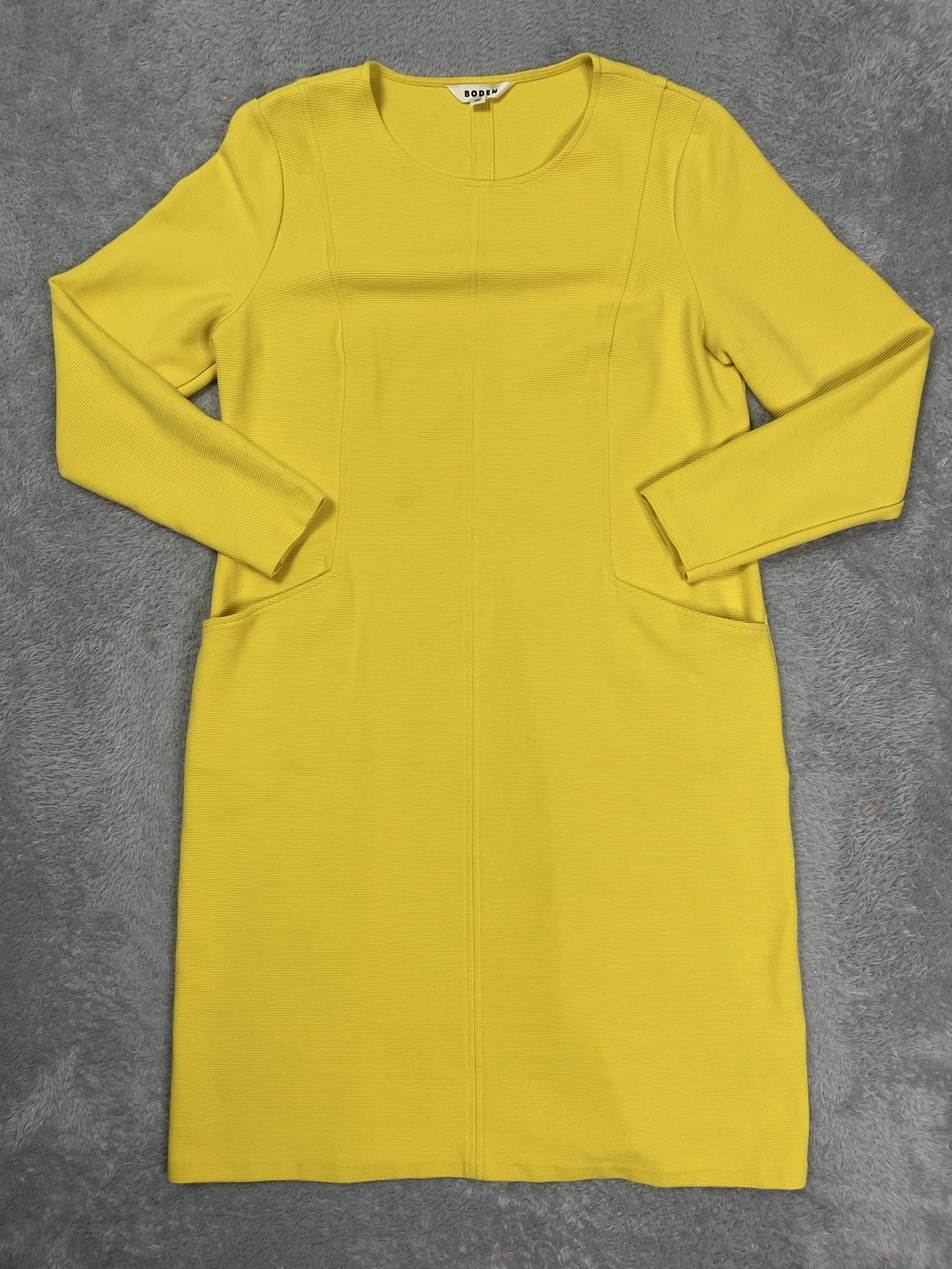 Boden Shift Dress Womens 14L Yellow 3/4 Sleeve Knit Pockets Knee Length
